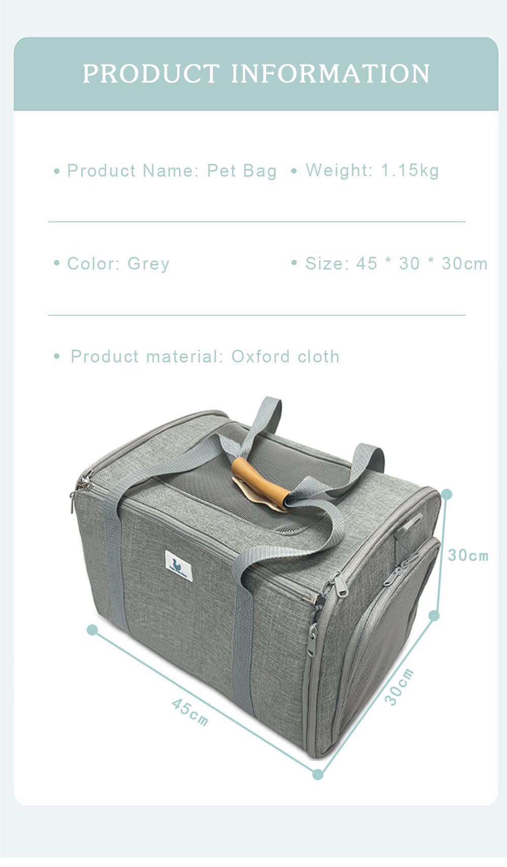 Fashionable Grey Foldable Pet Carrier Bag Portable Soft Cat Travel Dog Bag with Zipper Closure(图6)